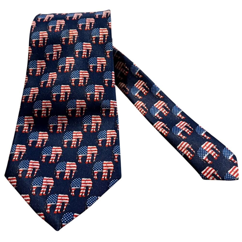 RENEE CHAGAL Hand Made Elephant Neck Tie American Flag Red White Blue Republican